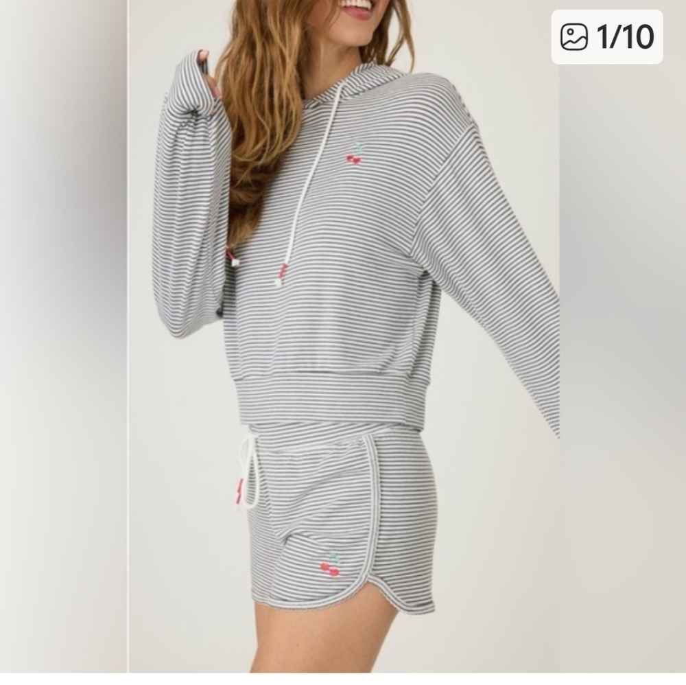 PJ🍒❤️ SALVAGE LIFE IS SWEET  STRIPED Hoodie with Cherry Embroidery